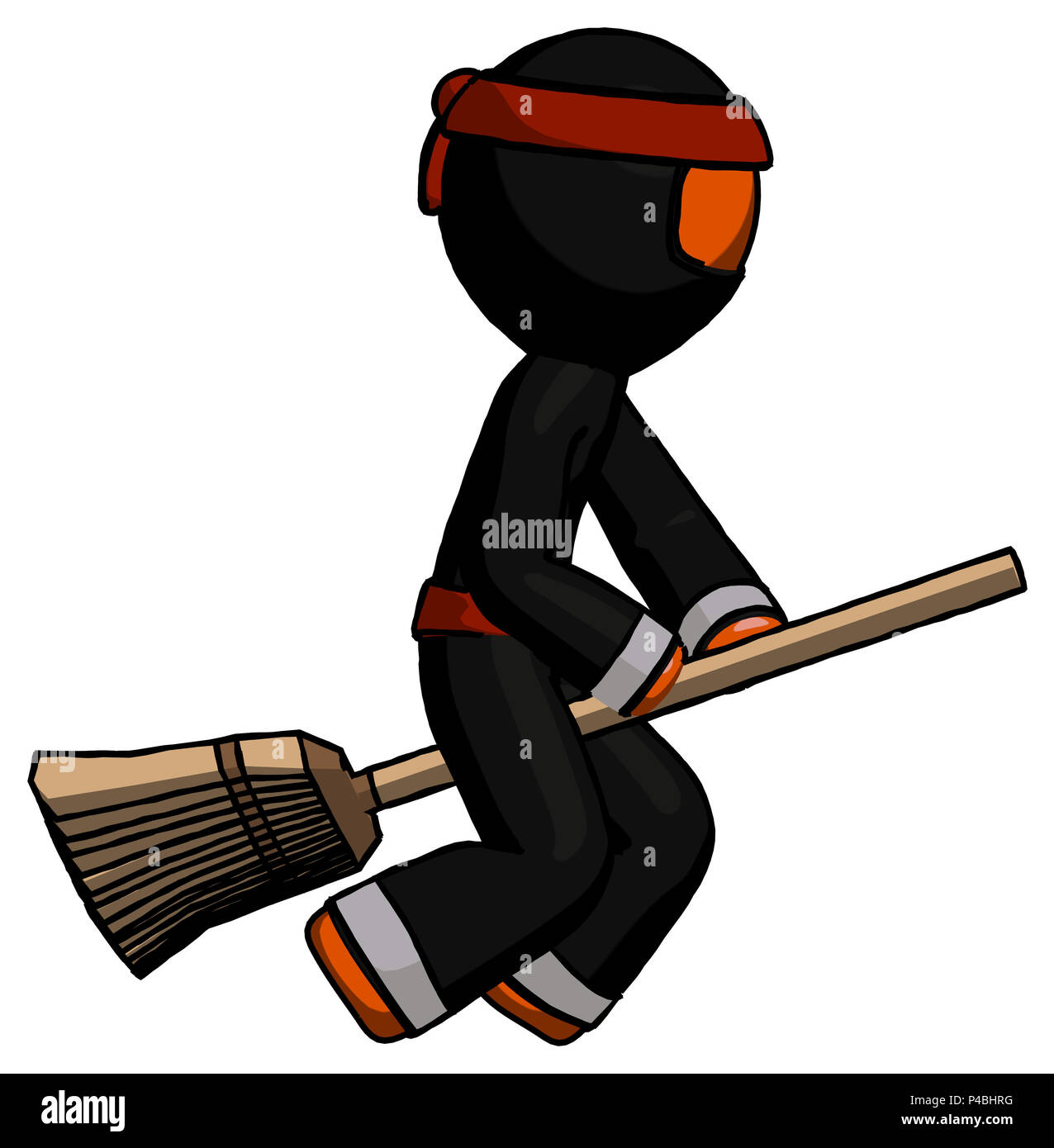 Orange ninja warrior man flying on broom. Stock Photo