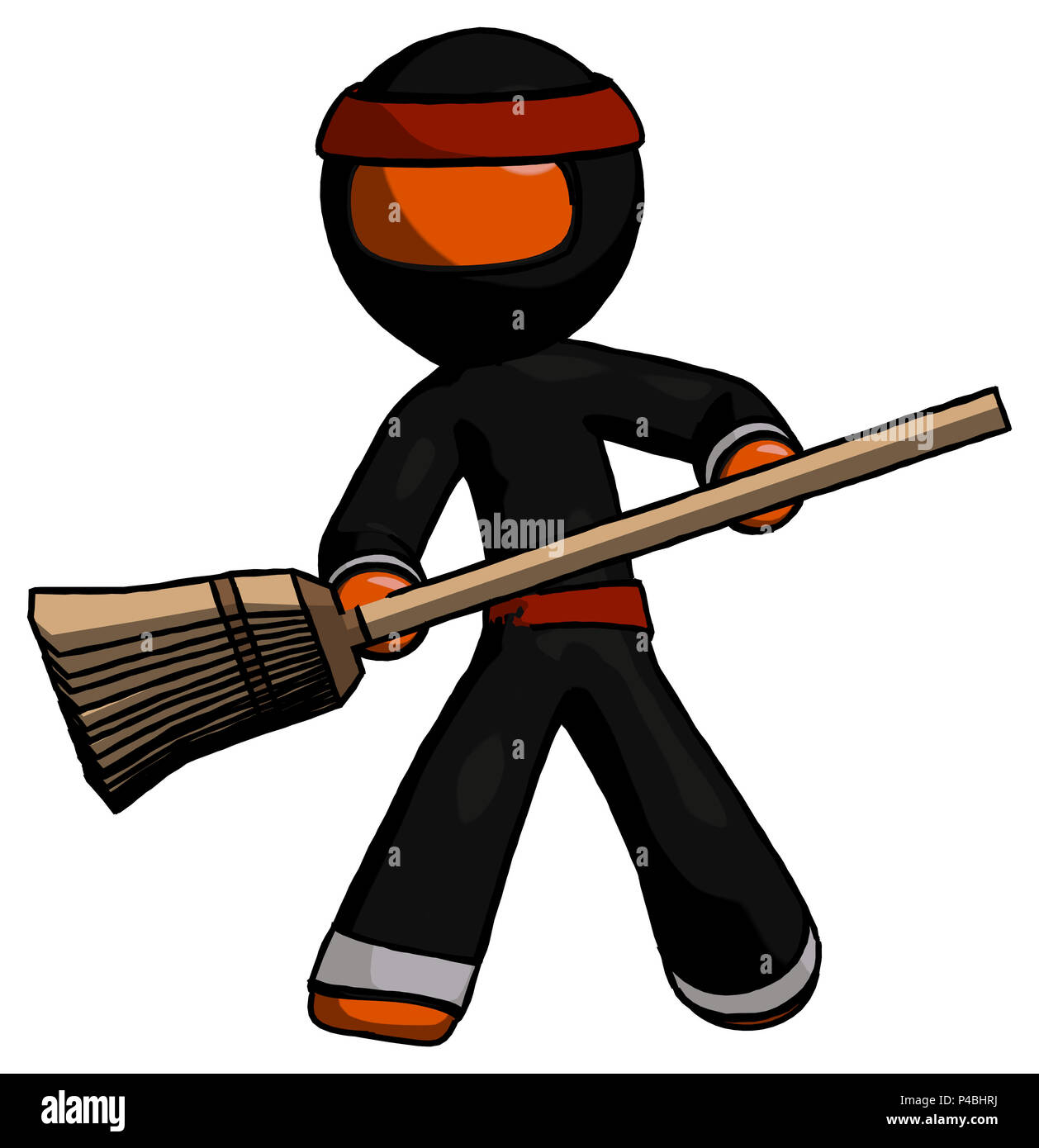 Orange ninja warrior man broom fighter defense pose. Stock Photo