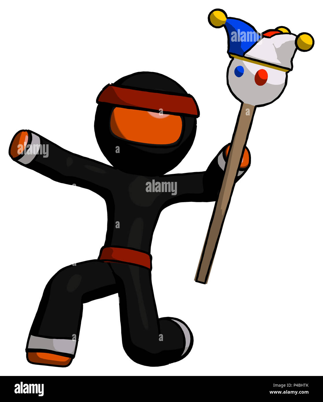 Orange ninja warrior man holding jester staff posing charismatically. Stock Photo