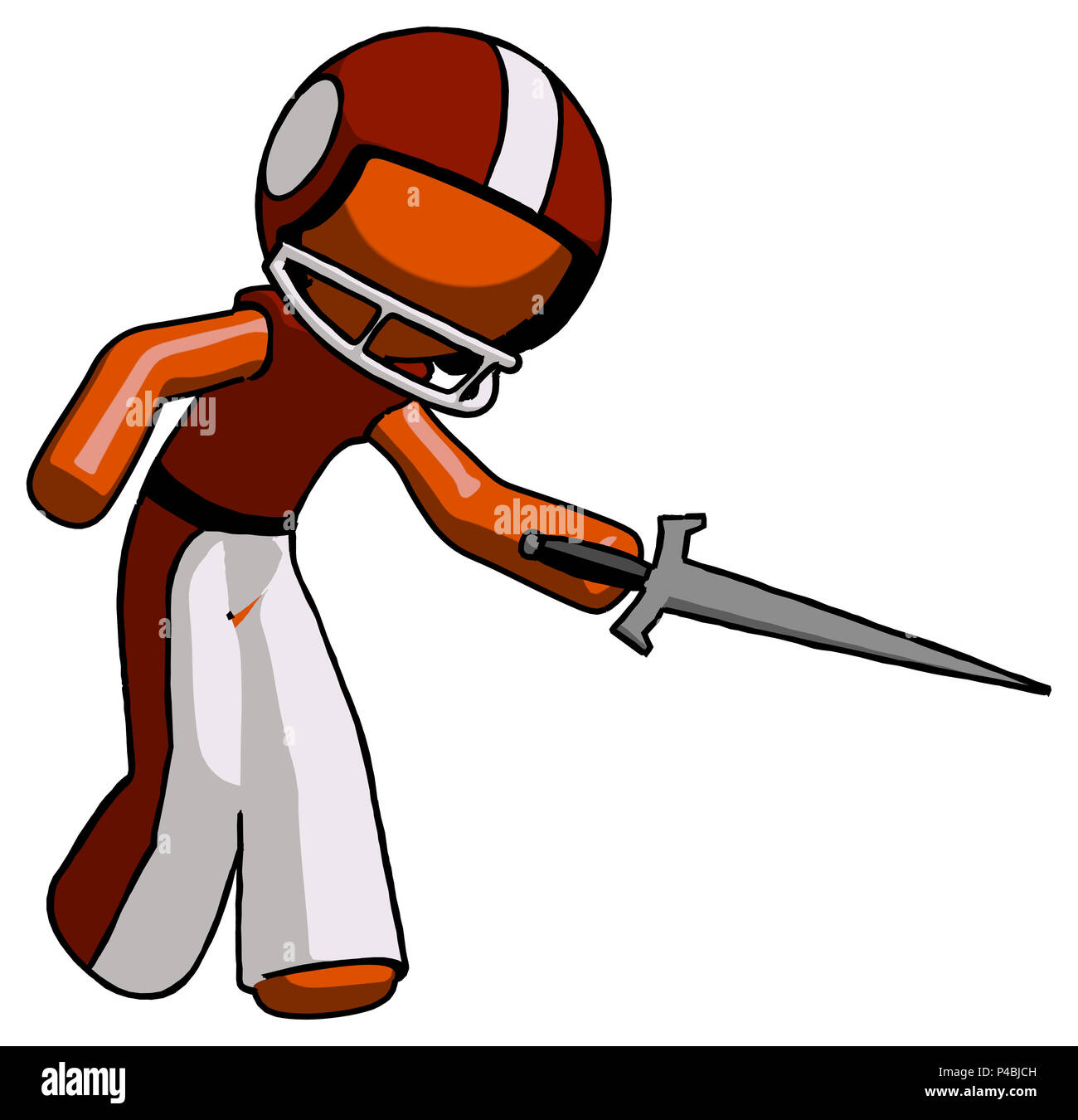 Orange football player man sword pose stabbing or jabbing. Stock Photo