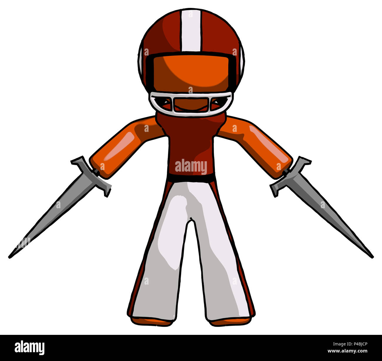 Orange football player man two sword defense pose. Stock Photo