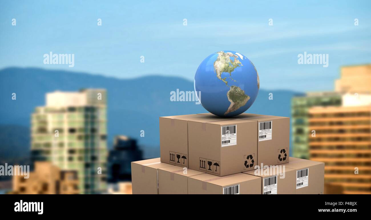 Delivery boxes with world globe and city Stock Photo
