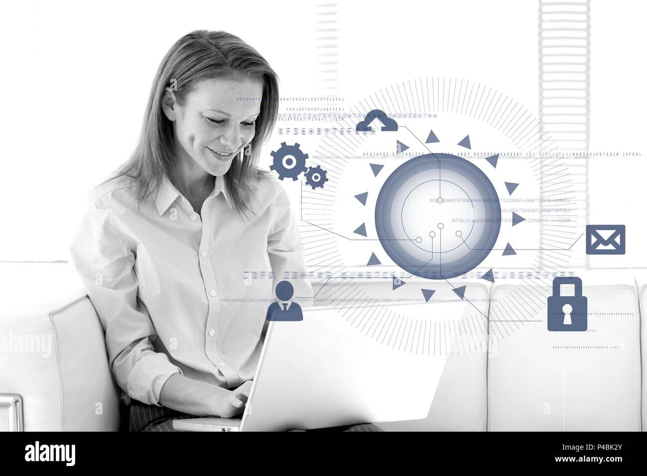 Composite image with woman working on laptop with digital icons Stock Photo
