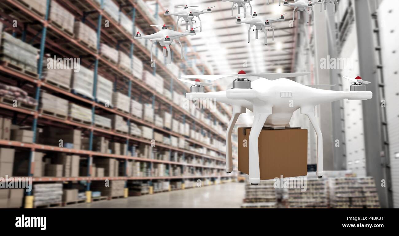 Drones flying in warehouse with delivery parcel box Stock Photo