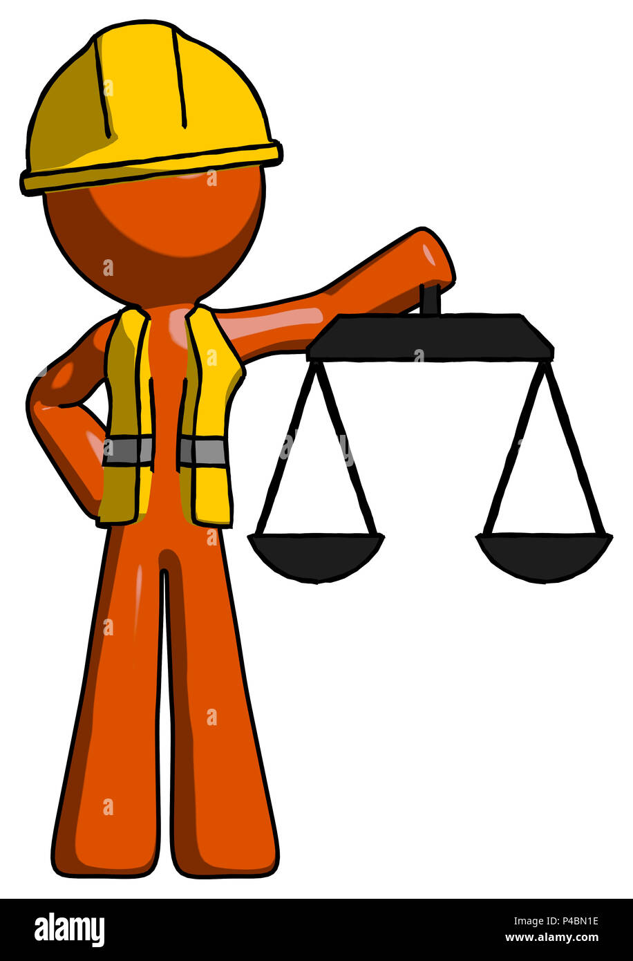 Orange construction worker contractor man holding scales of justice Stock Photo Alamy
