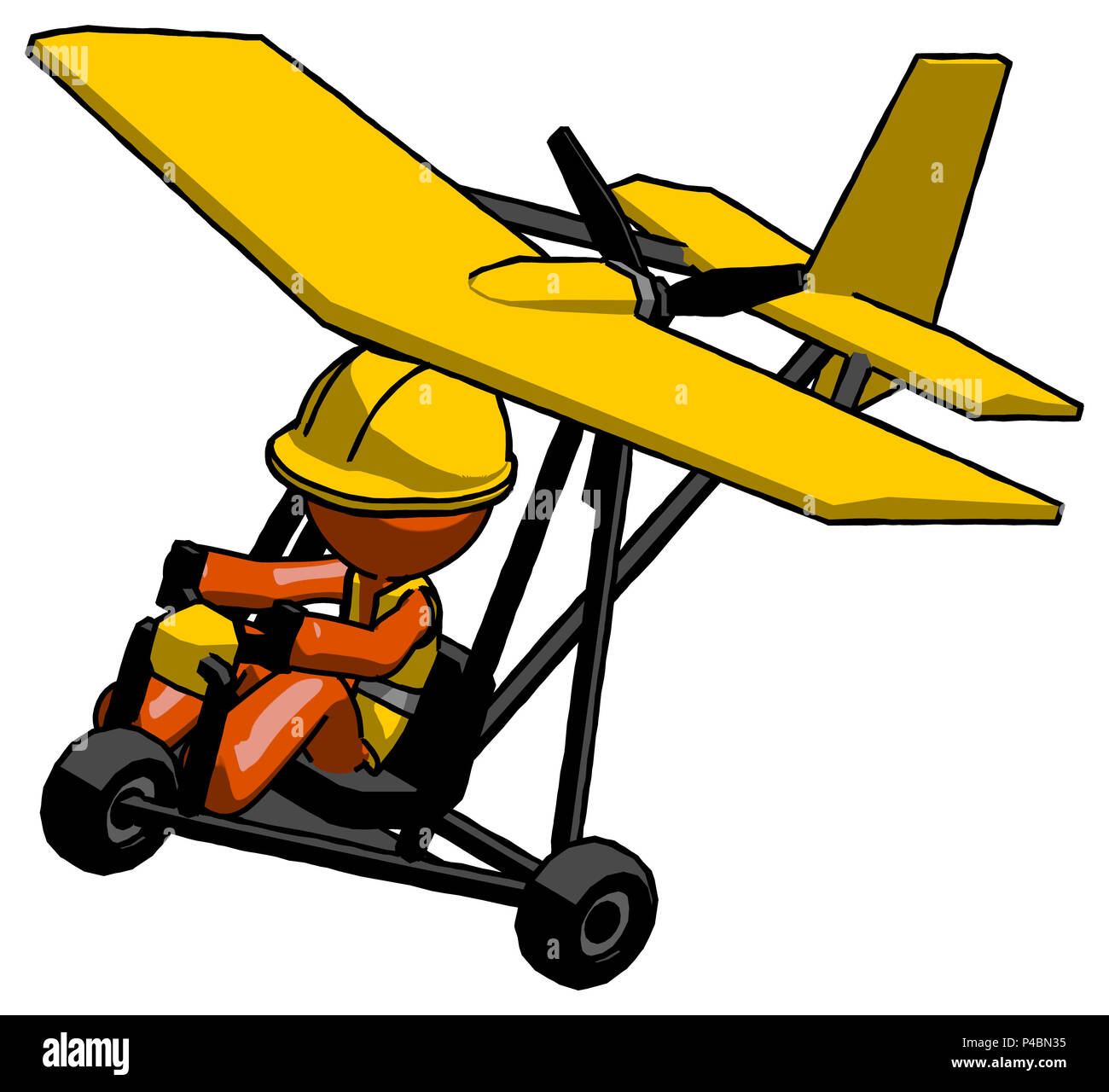 Orange construction worker contractor man in ultralight aircraft top ...