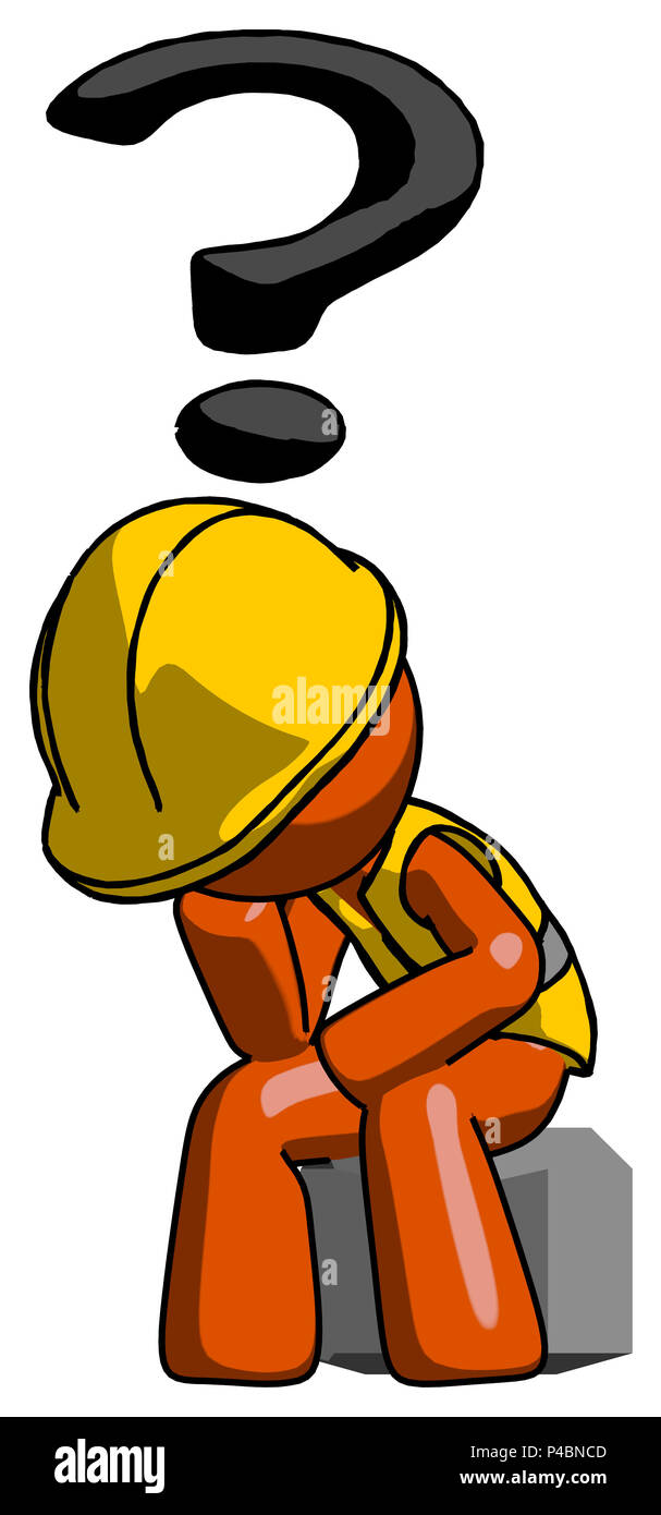 Orange construction worker contractor man thinker question mark concept