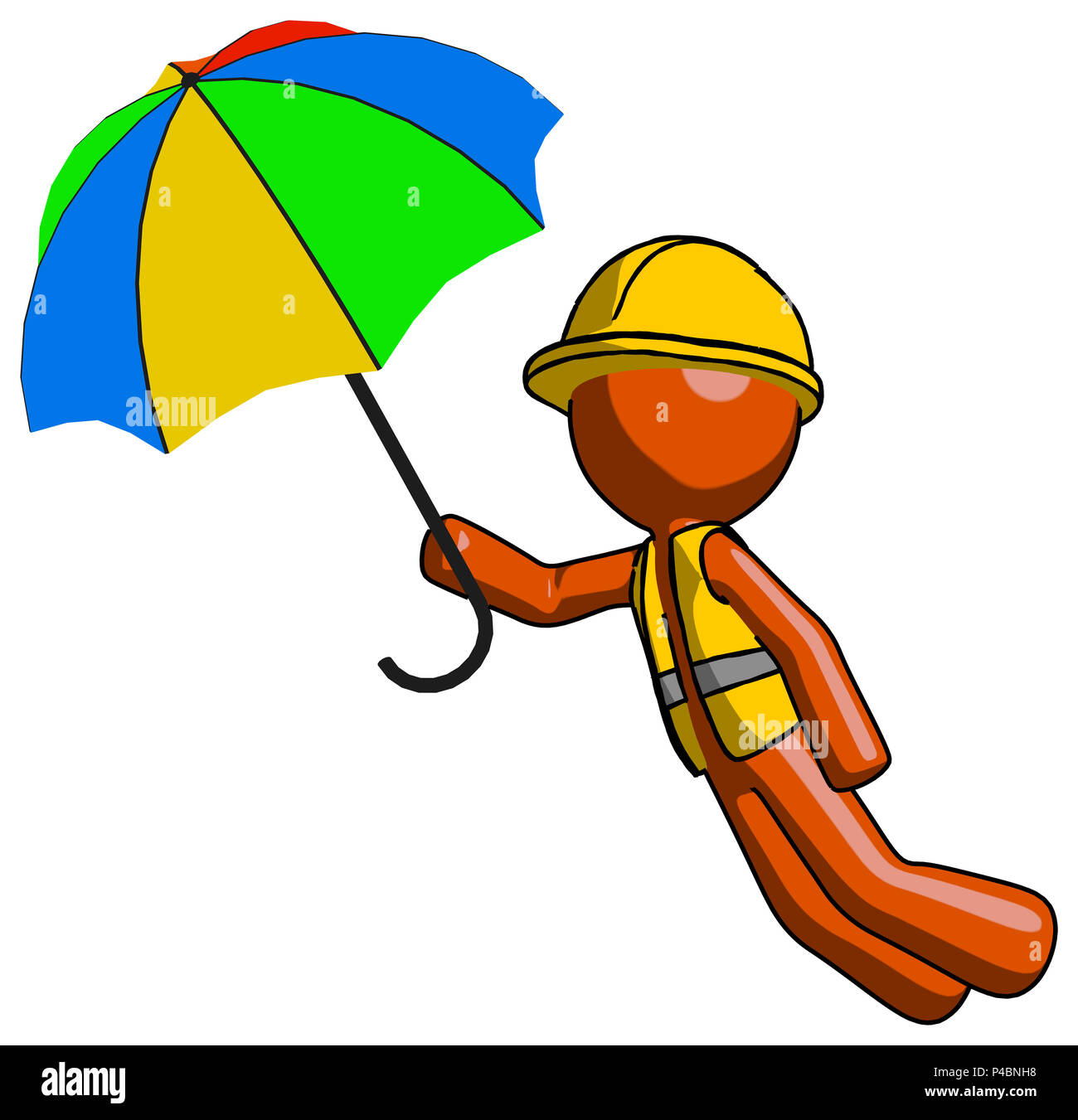 Orange construction worker contractor man flying with rainbow colored