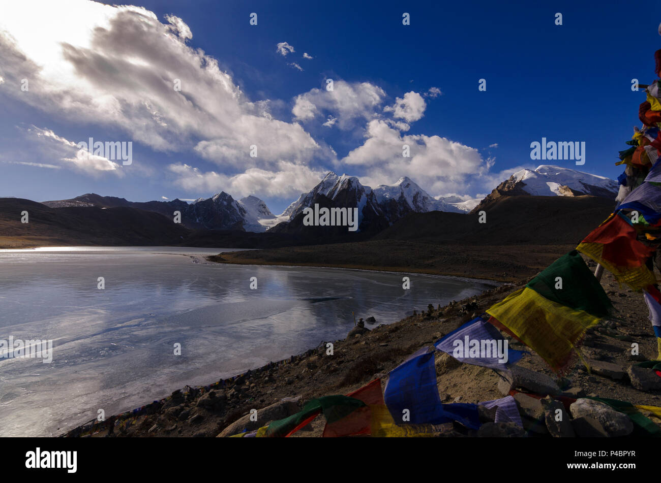 This is an image of Gurudongmar lake as the lake started to freeze at the onset of winter. Stock Photo