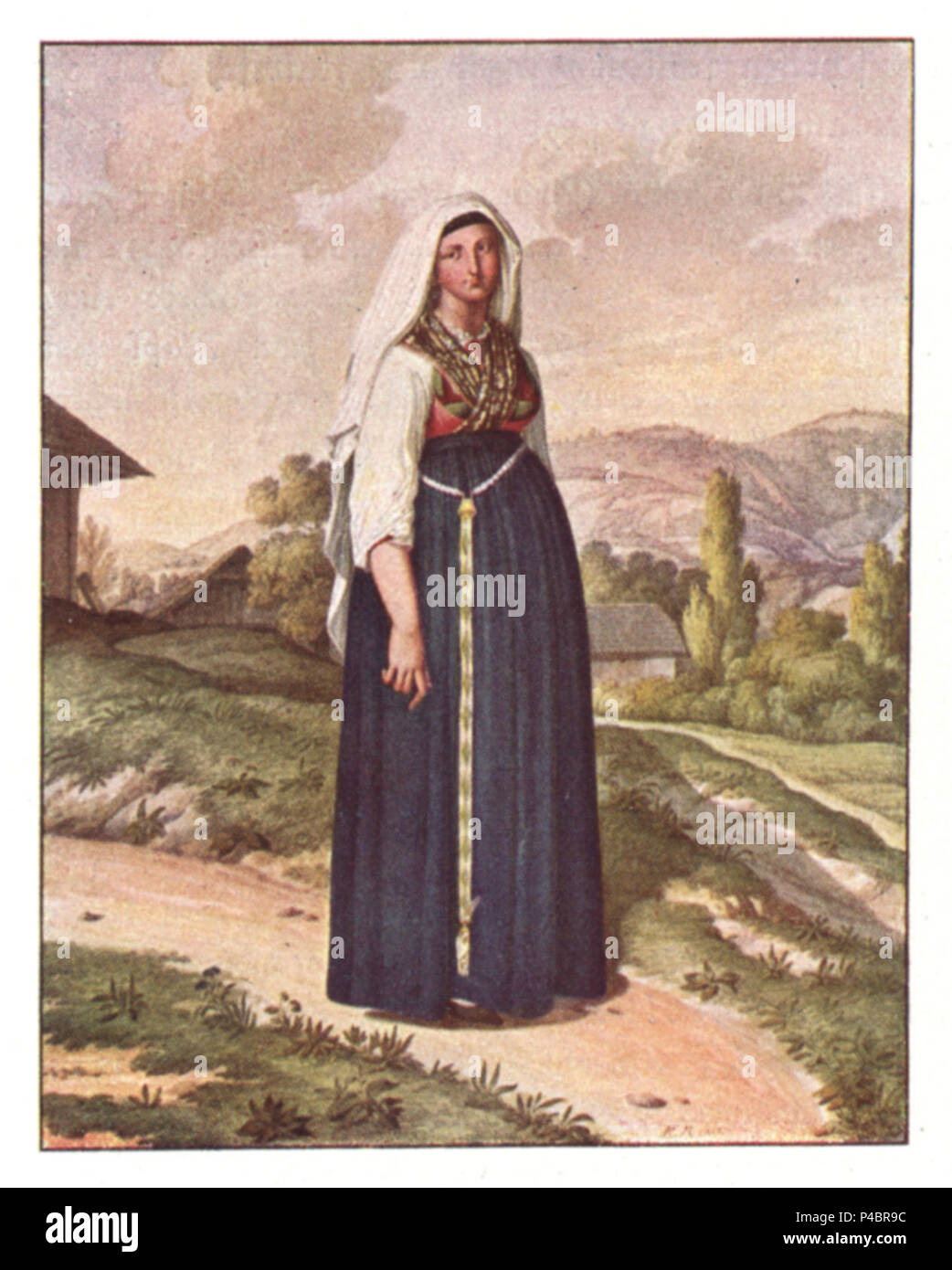 137 eine wendische Frau aus der Gegend von Roitsch, Aquarell von Karl Ruß (1811). Stock Photo