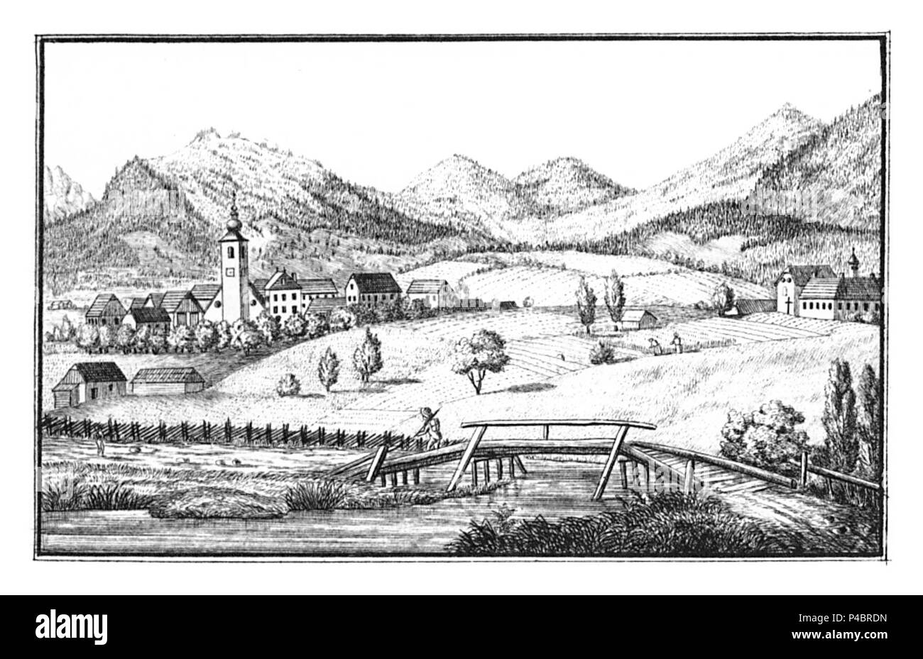 138 Markt Irdning - drawing by S. Kölbl- J.F.Kaiser Lithografirte Ansichten der Steiermark 1830. Stock Photo