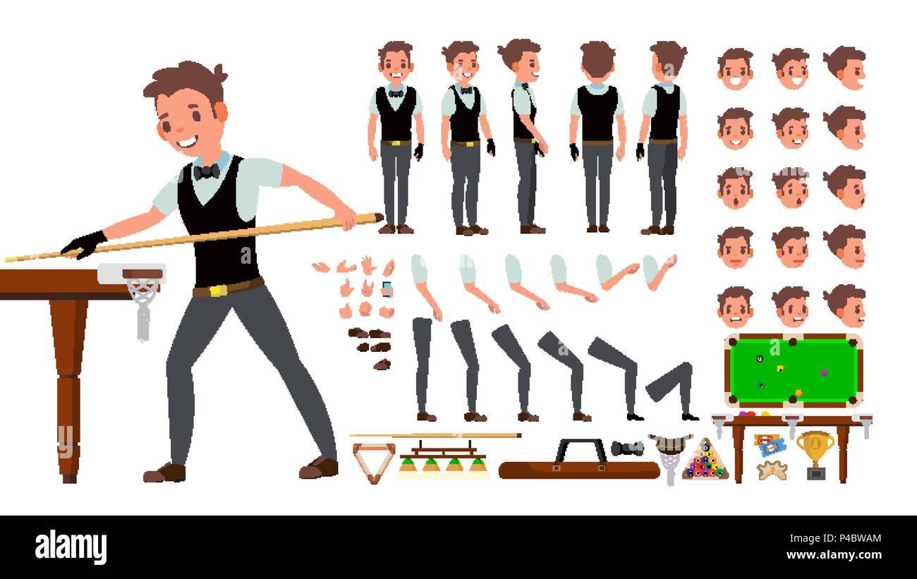 Snooker Player Male Vector. Animated Character Creation Set. Billiard. Man  Full Length, Front, Side, Back View, Accessories, Poses, Face Emotions,  Gestures. Isolated Flat Cartoon Illustration Stock Vector Image & Art -  Alamy