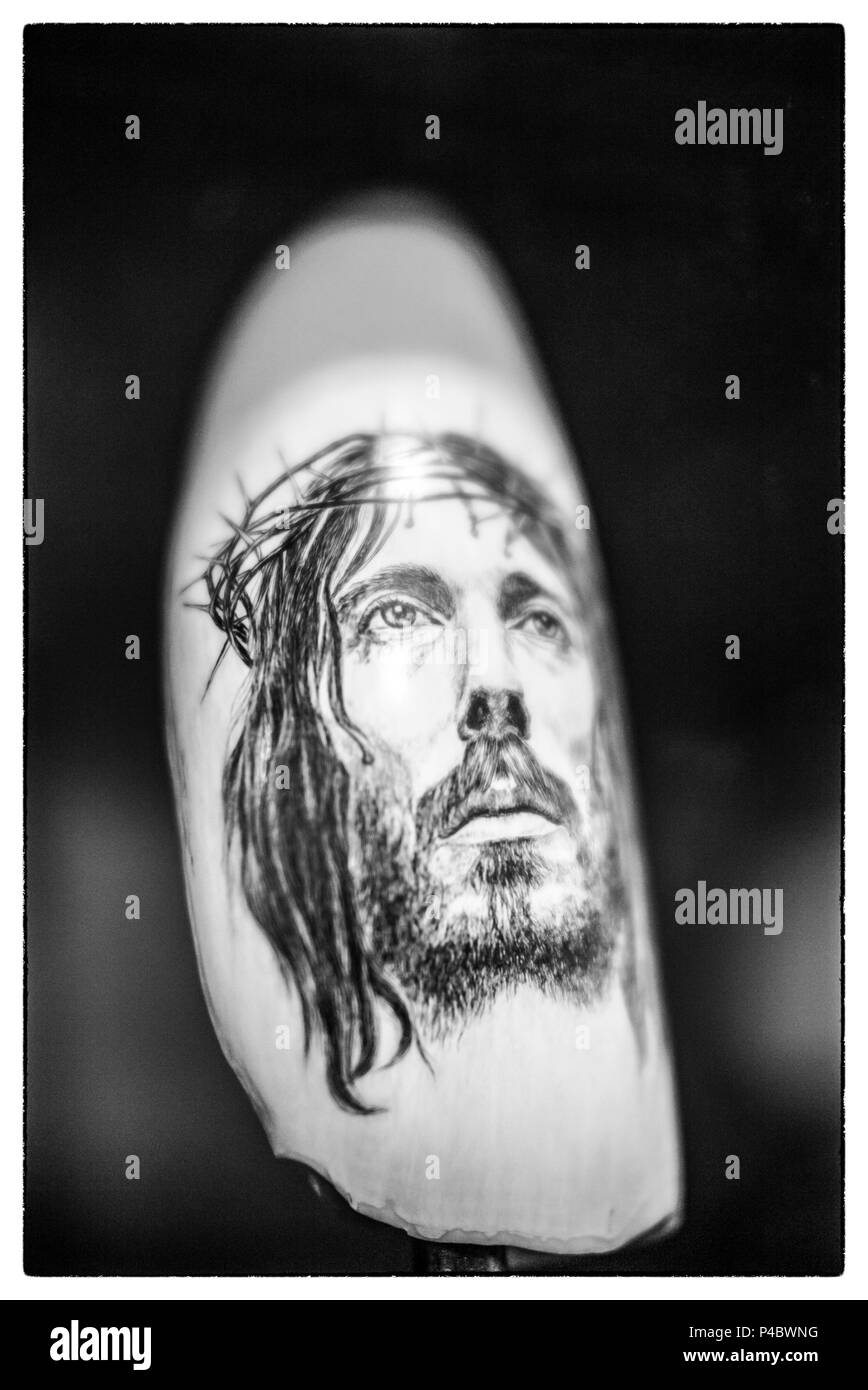 Portugal, Azores, Faial Island, Horta, scrimshaw with Jesus Christ Stock Photo