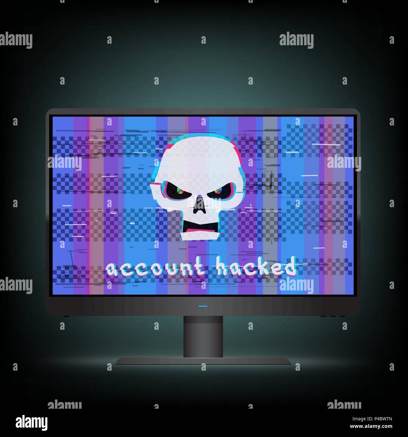 Account hacked text on black wide monitor with blue glitch screen