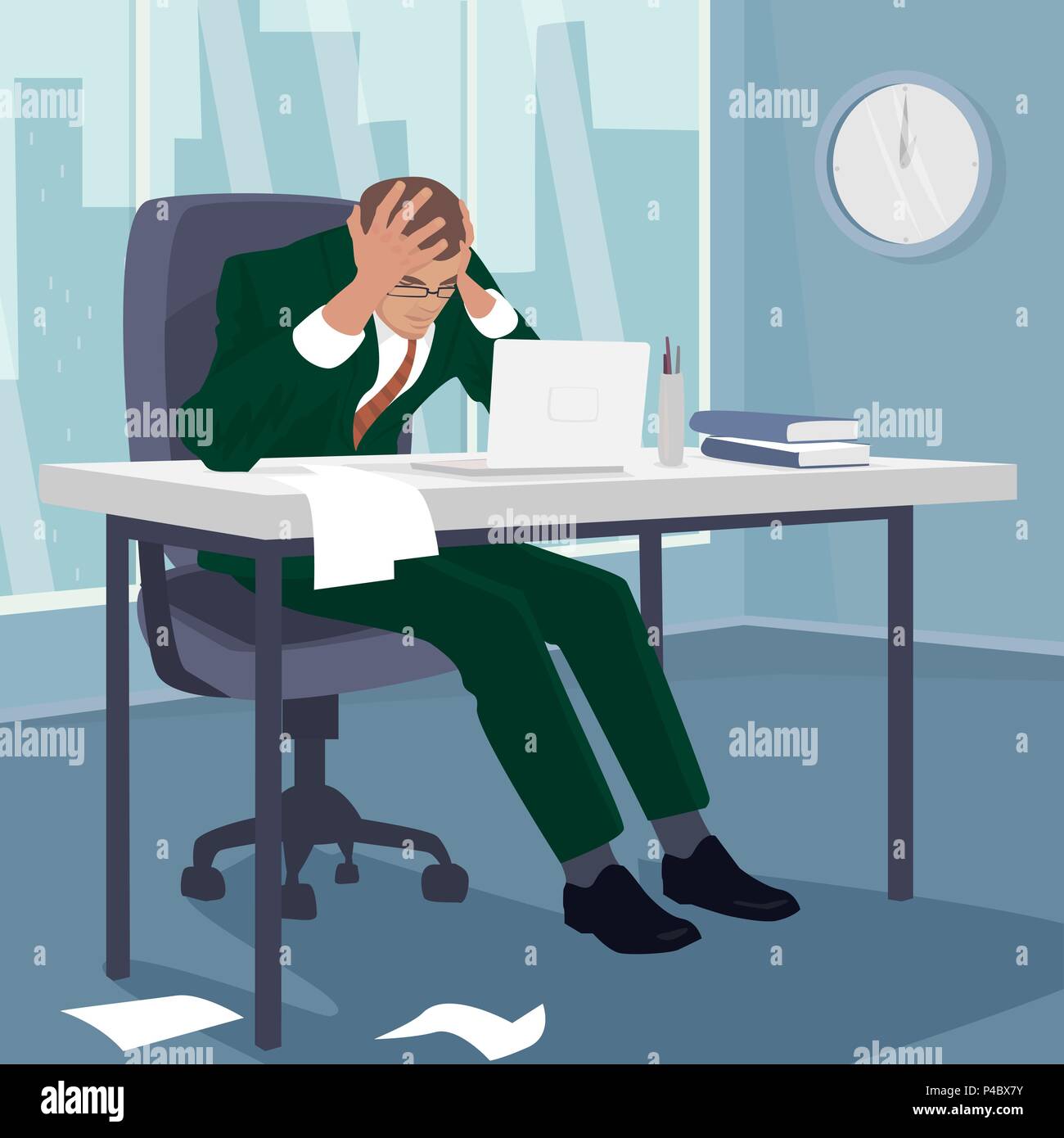 Businessman or manager grabbed his head in despair. Man sitting at table in office, around mess. Failure or problem concept. Simplistic realistic comi Stock Vector
