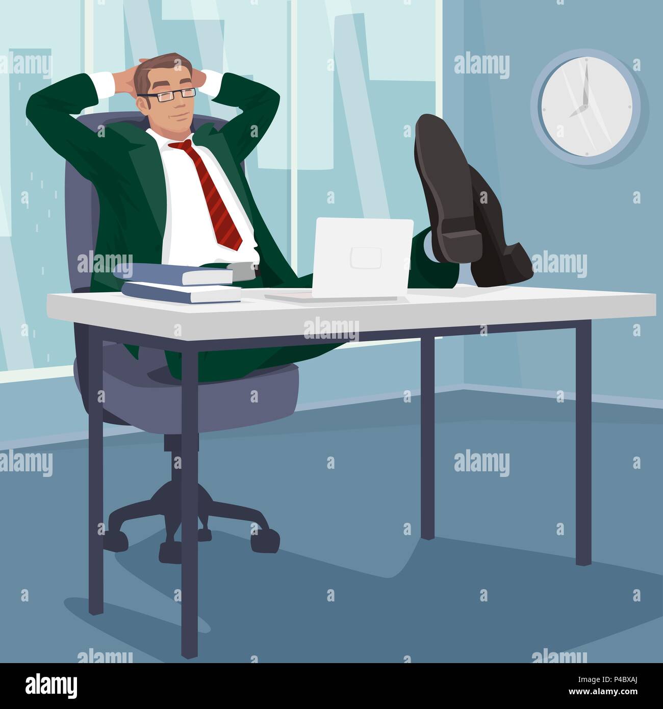 Carefree businessman or manager relaxed in workplace. Man sleeps at table in modern office. Break or Siesta concept. Simplistic realistic style Stock Vector