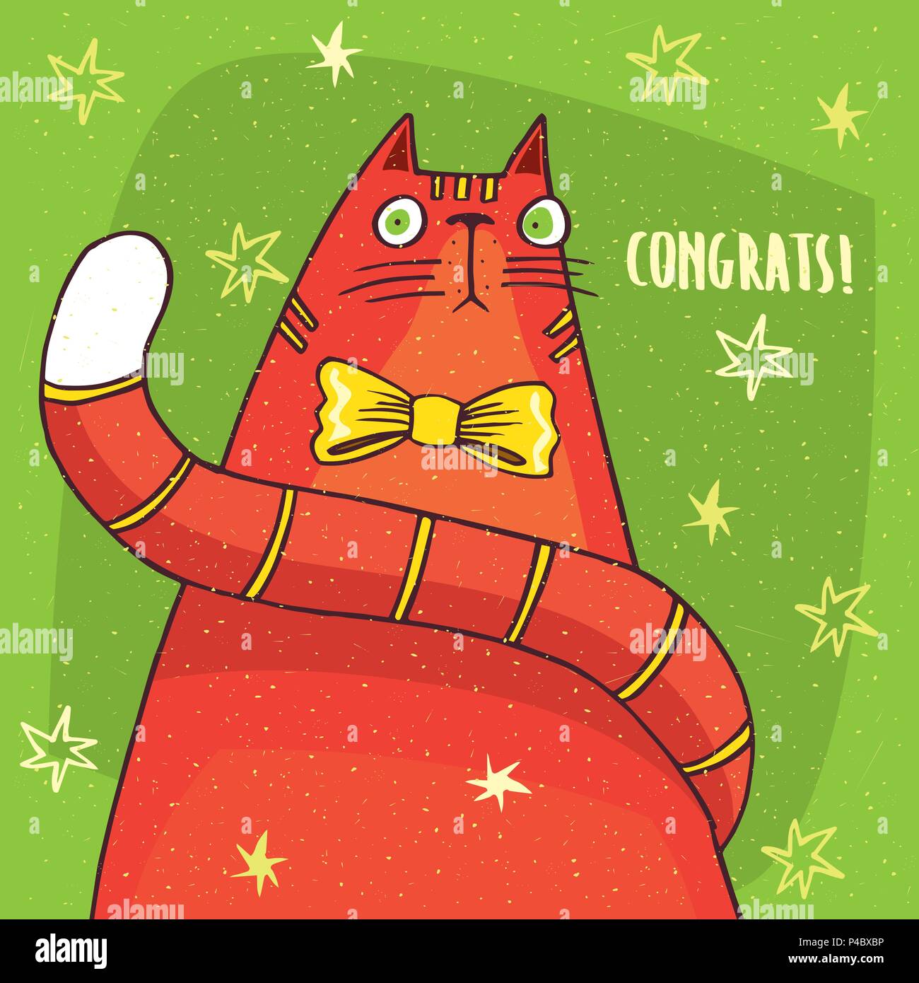 Funny red cat with big tail and an yellow bow on its neck sits in full face and looks ahead in surprise. Inscription with a congratulation. Hand drawn Stock Vector