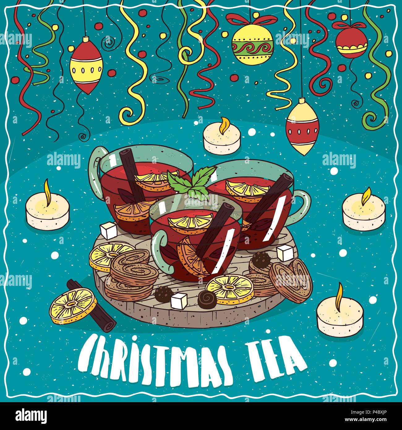 Composition on wooden board, Christmas tea with cinnamon, spices and citrus, in transparent mugs. Top hanging Christmas toys and confetti. Hand drawn  Stock Vector