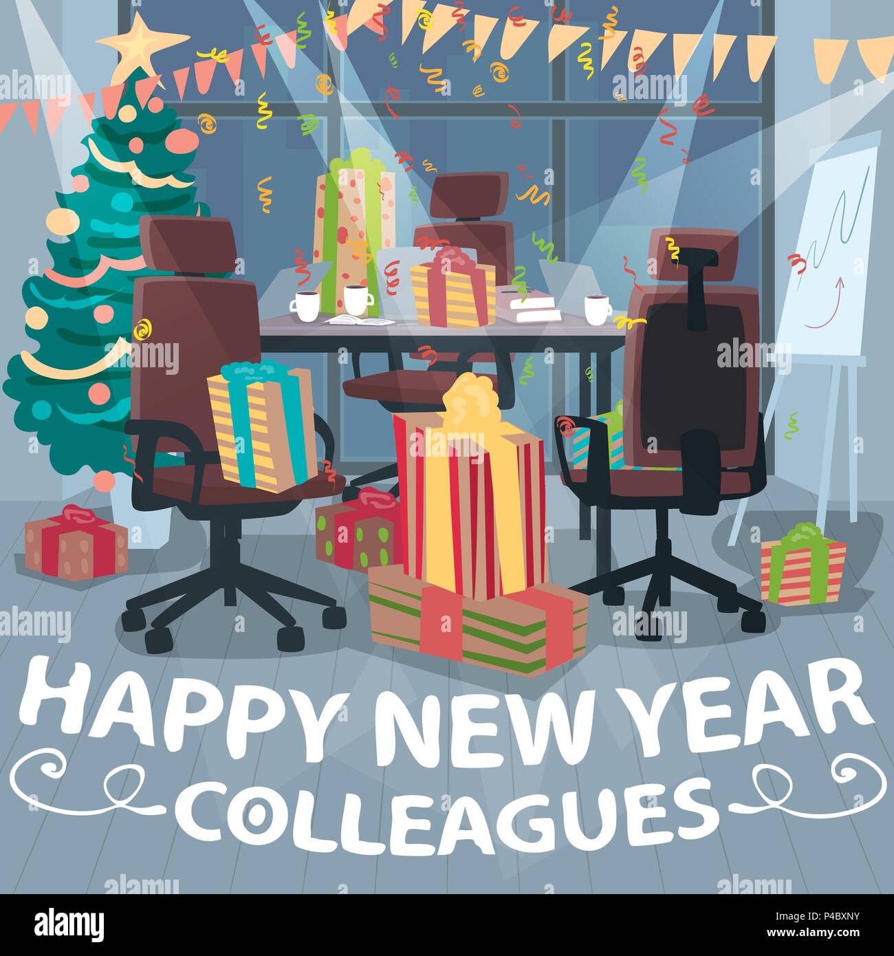 Empty office with bunch of gift boxes, in evening. Congratulations Happy New Year from colleagues or Surprise from boss concept. Simplistic realistic  Stock Vector