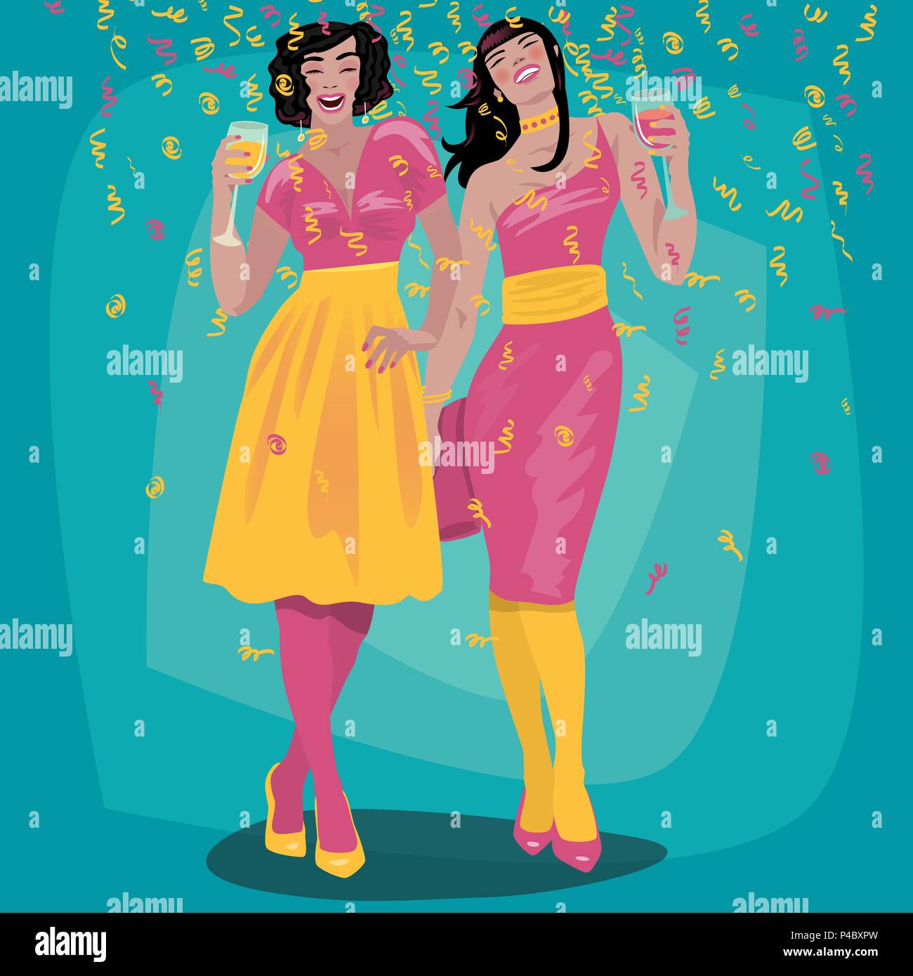 Couple of attractive young girls in bright dresses welcome and raise their glasses. Beautiful woman toasting. Invitation concept. Simplistic realistic Stock Vector