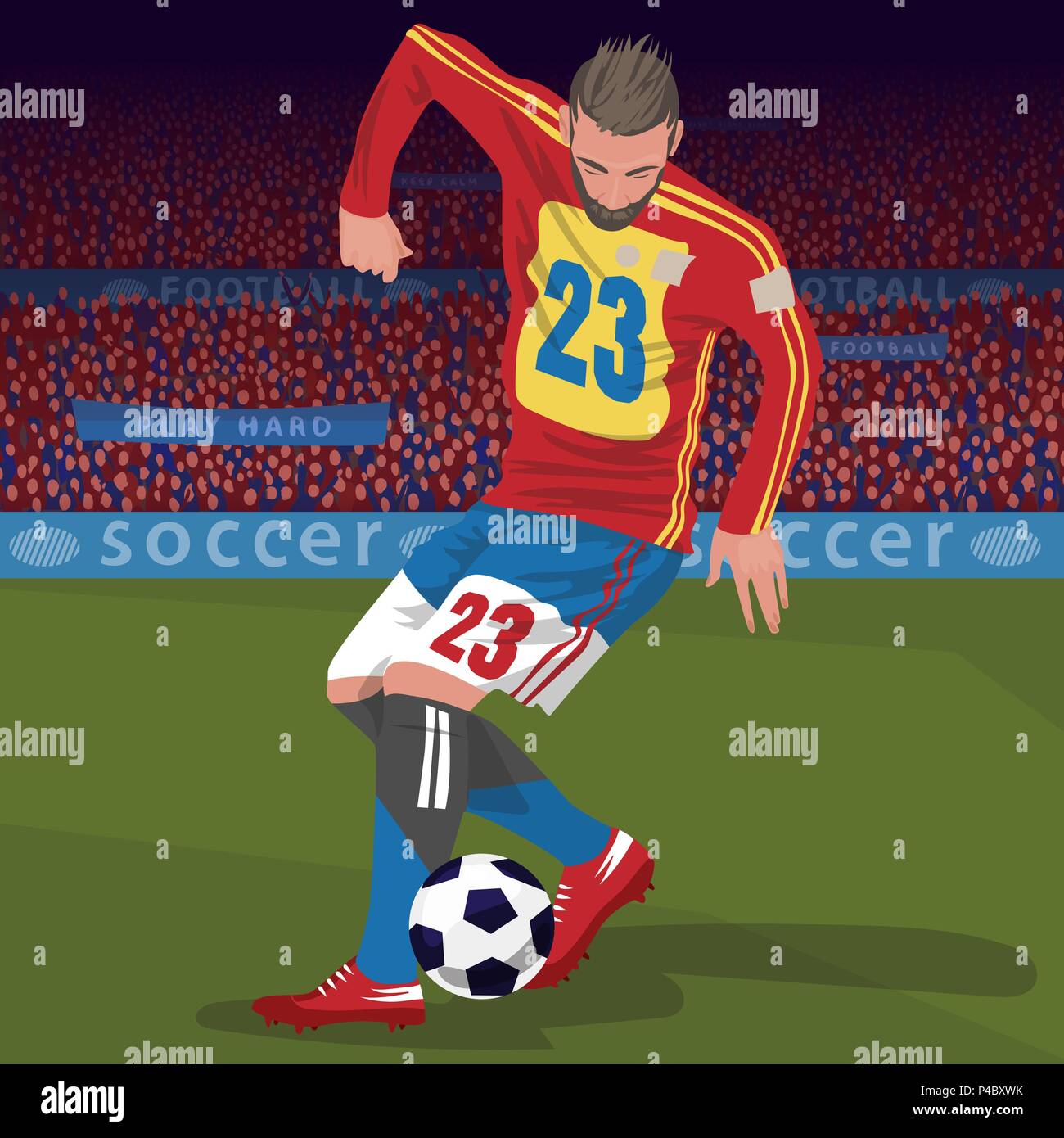 Soccer Gameplay Close Up Of Football Player Kicking Ball On Football Field Front Side View Spectator Area On Background Realistic Style Stock Vector Image Art Alamy Soccer Gameplay Close Up Of Football Player Kicking Ball On Football Field Front Side View Spectator Area On Background Realistic Style Stock Vector Image Art Alamy