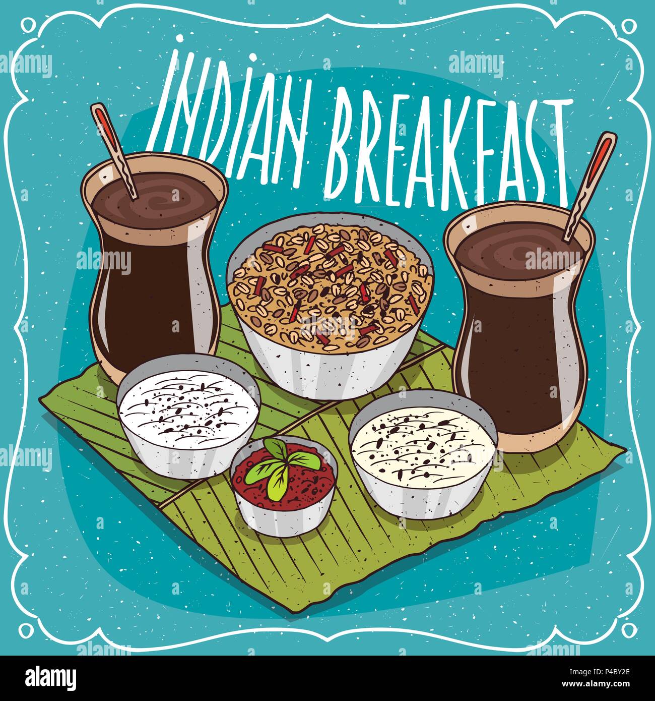 Traditional breakfast for two persons, food of Indian cuisine, muesli or oatmeal with spicy sauce and curd cheese and masala chai tea. Hand drawn comi Stock Vector