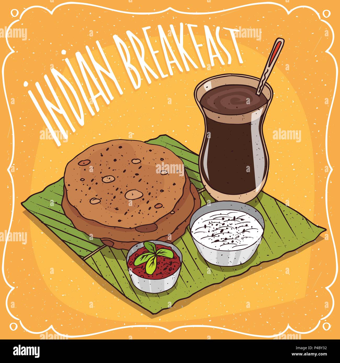 Traditional breakfast, food of Indian cuisine, round flatbread with spicy  sauce and curd cheese, on banana leaf plate and masala chai tea. Hand drawn  Stock Vector Image & Art - Alamy