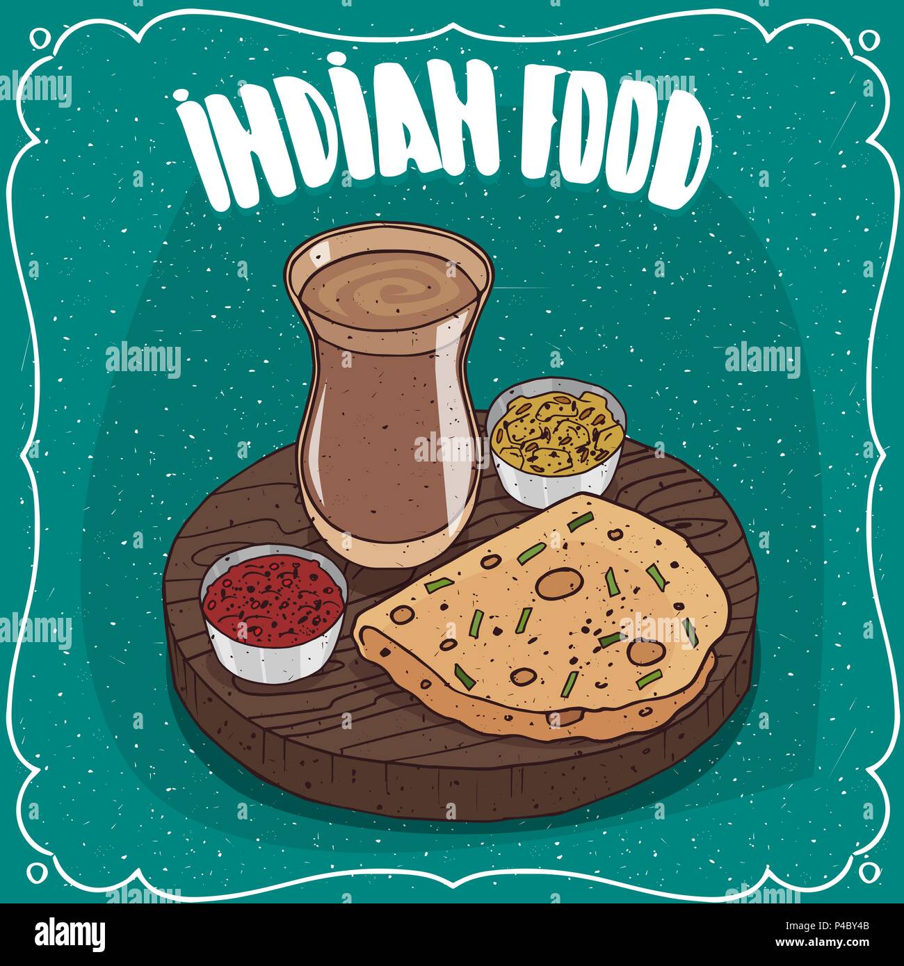 Traditional food, dish of Indian cuisine, round flatbread like Roti, Naan,  Chapati, Papadum or Paratha, on wooden plate with sauces like chutney and m  Stock Vector Image & Art - Alamy