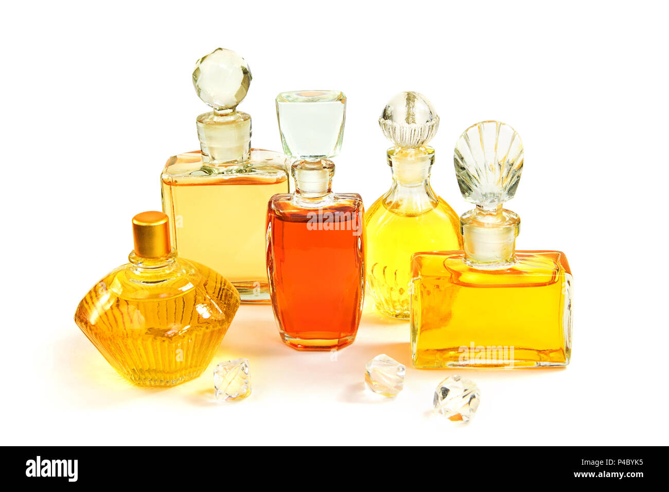 Vintage bottles of perfume isolated on white background Stock Photo