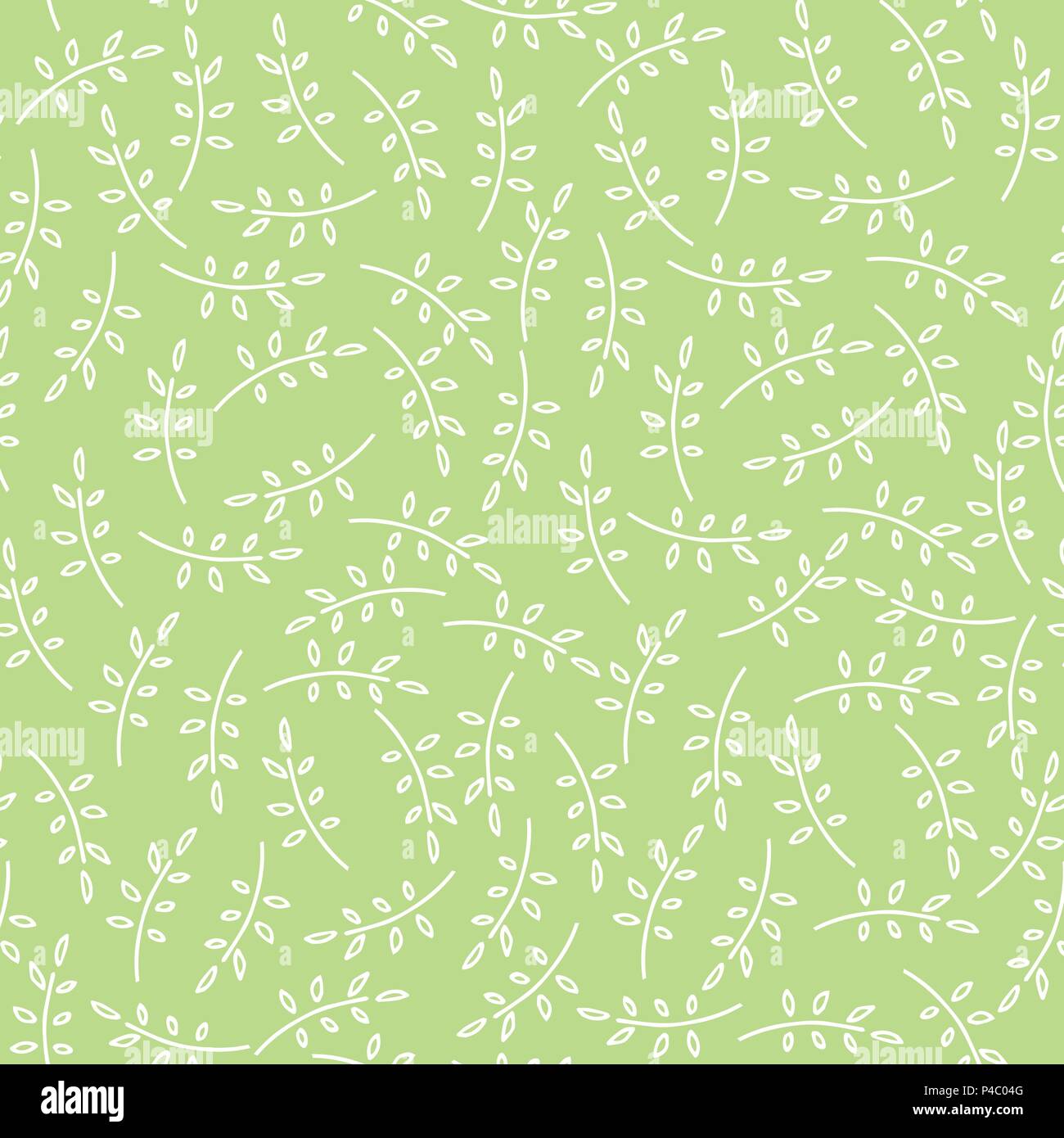 Seamless nature pattern with cute twigs in green color. Foliage background with leaves in chaotic manner. Cartoon hand draw style Stock Vector