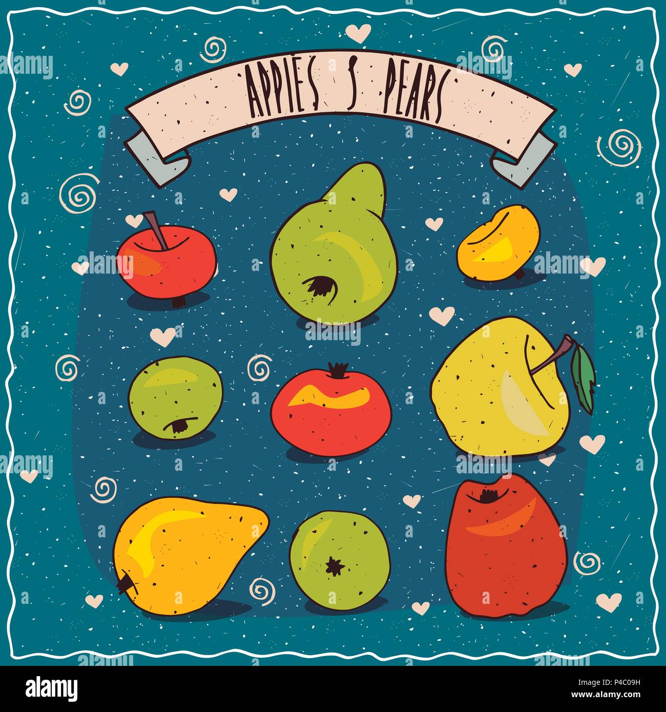 Set of colorful clip art of fruits, apples and pears of different sizes, shapes and colors. Hand drawn in comic style. Lettering on ribbon Stock Vector