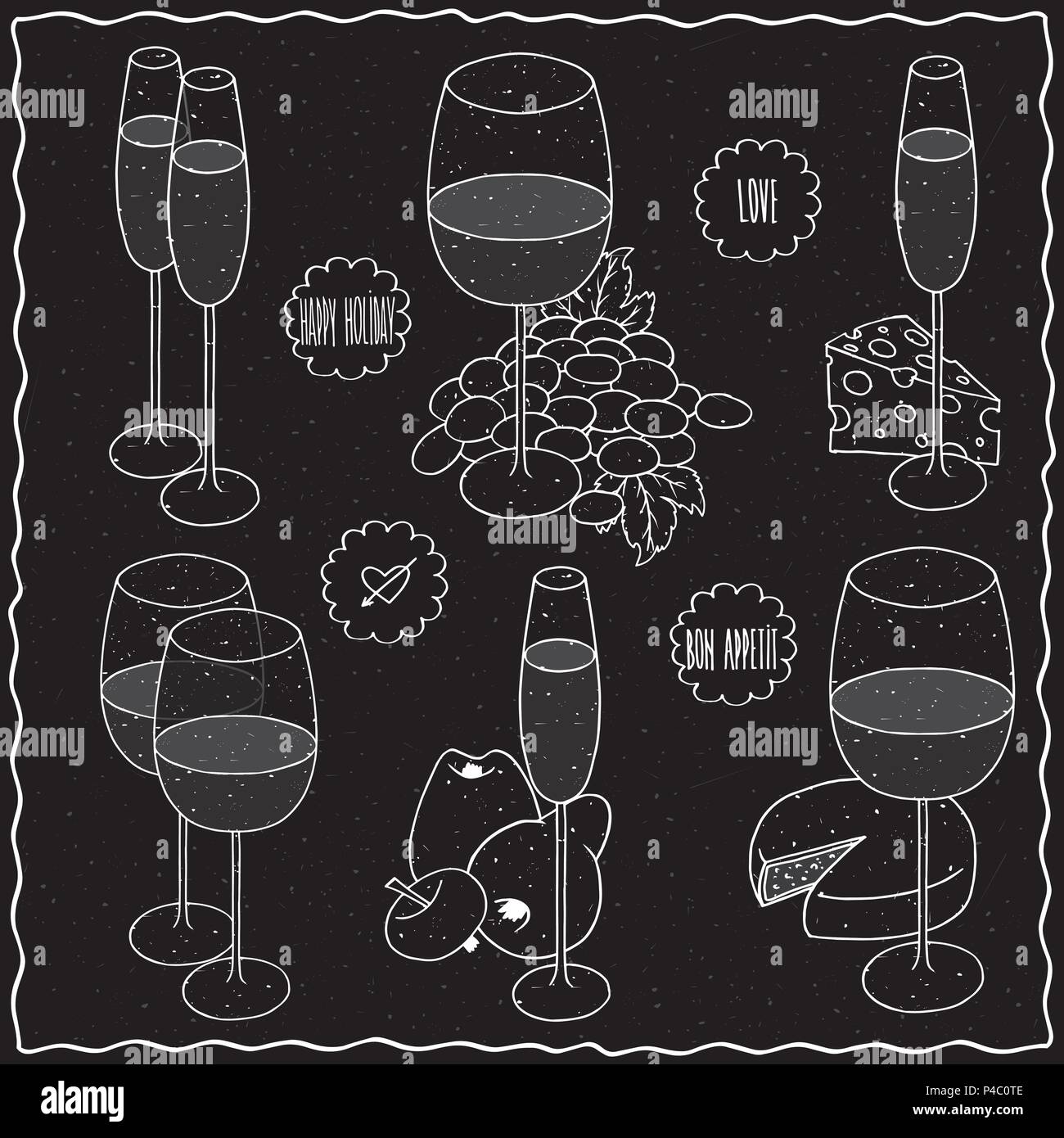 Set clip art of still life hand drawn with chalk on black board. Glasses different types of wine and champagne next to fruit and cheeses. Labels with  Stock Vector