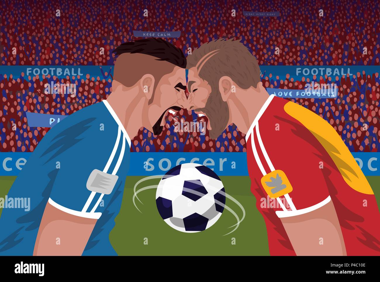 Two angry football opponents leaning their foreheads in stadium. Battle of screaming soccer players in championship. Realistic style Stock Vector