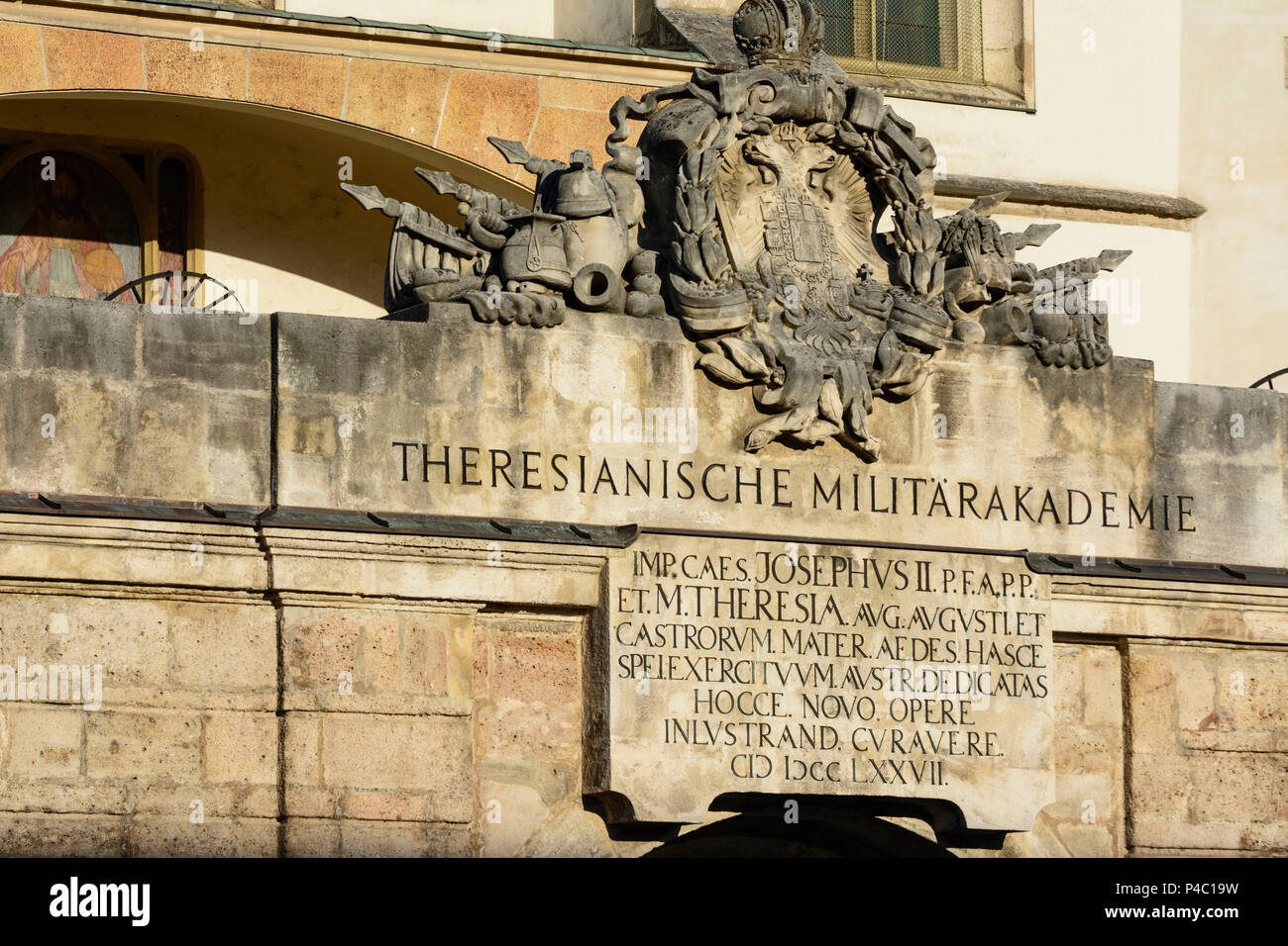 Wiener Neustadt, main portal with A.E.I.O.U. motto of castle or Theresianische Militärakademie (Military Academy), Wiener Alpen (Vienna Alps), Lower Austria, Austria Stock Photo