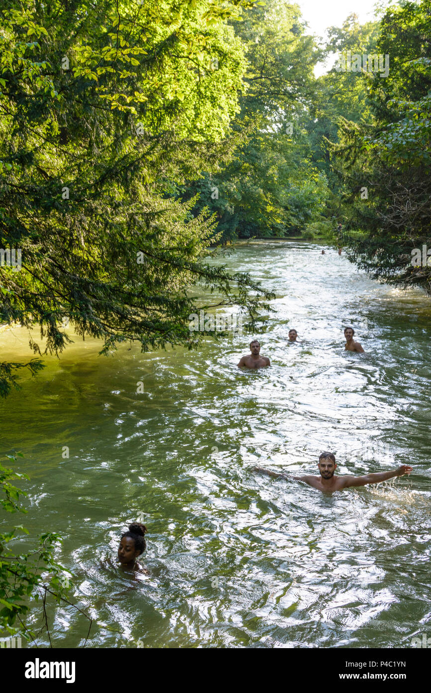 Munich Swimmer Bather At Stream Eisbach Englischer Garten