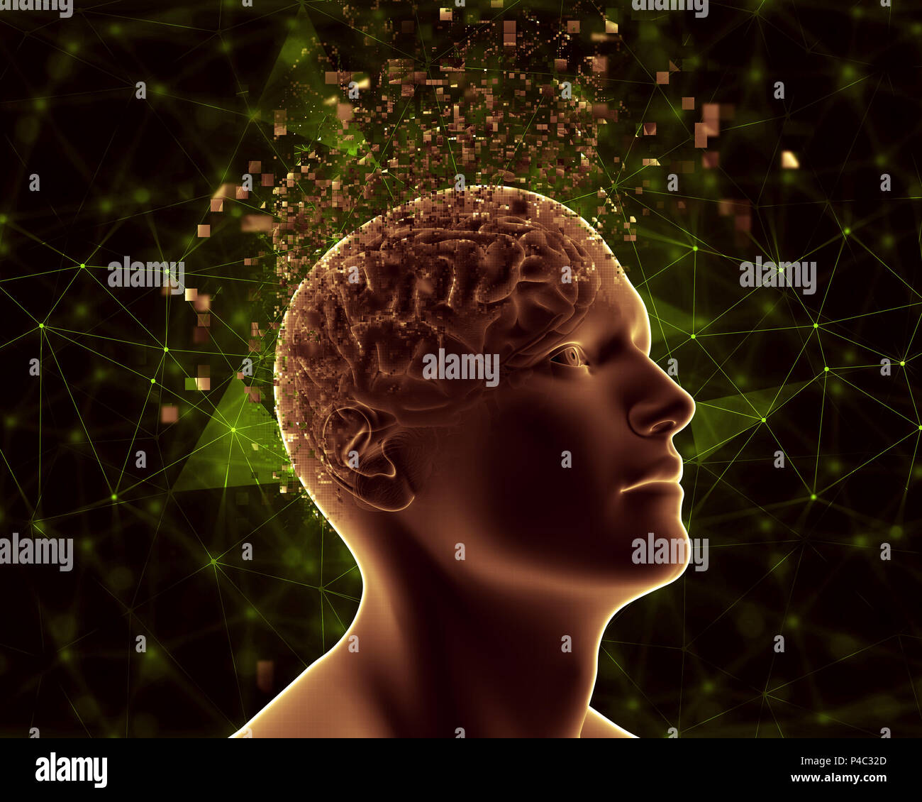 3D male figure with pixelated brain depicting mental health problems Stock Photo