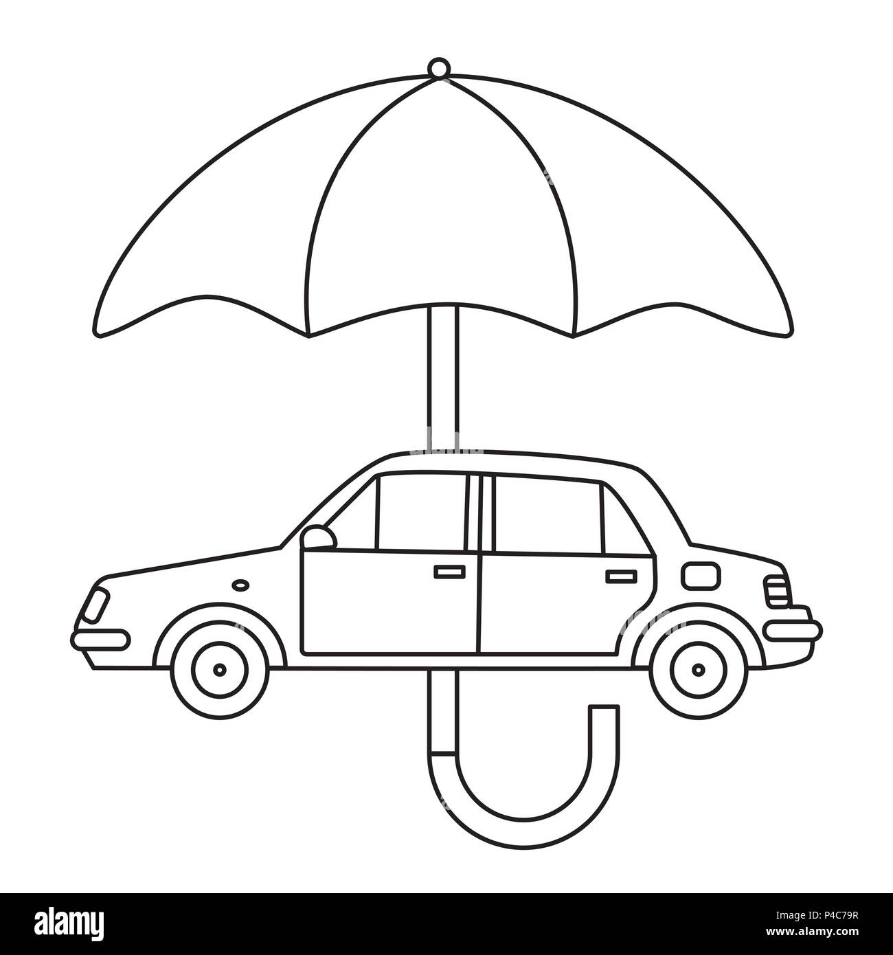 The car under the umbrella is painted in the style of line art. The concept of safety, insurance, etc. Stock Vector