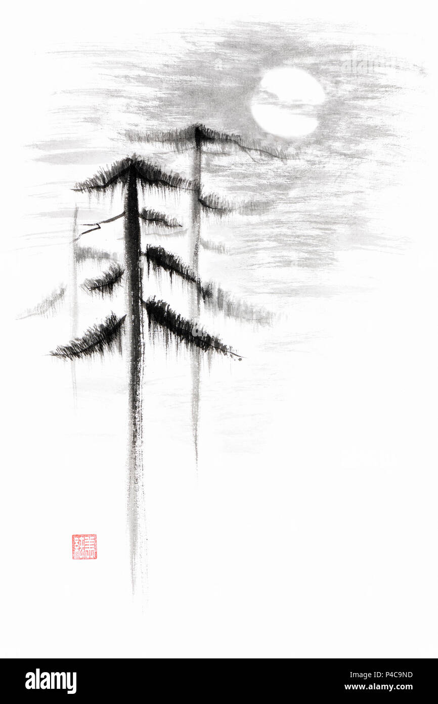 License available at MaximImages.com - Abstract Japanese Zen Sumi-e painting of tall pine trees in the full moon, oriental style illustration, black i Stock Photo