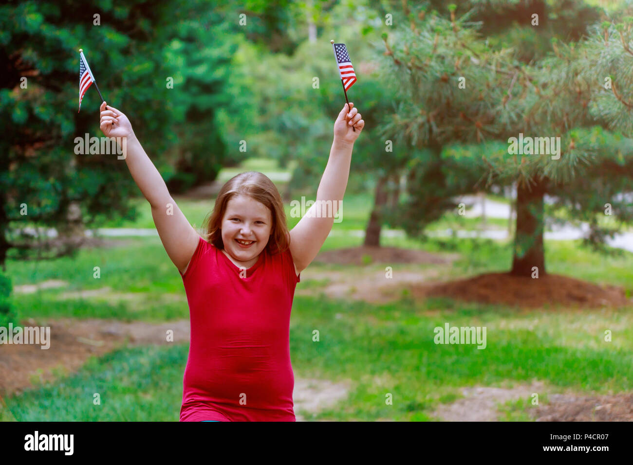 Funny little girl with waving american flag. Independence Day, Flag Day Stock Photo Alamy