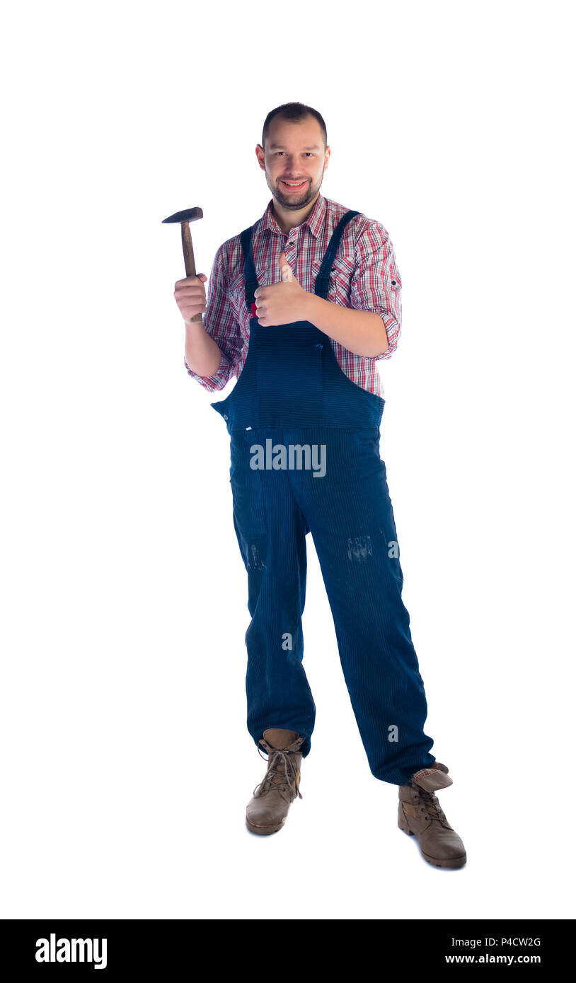 Professional handyman isolated on white holding and showing his hammer