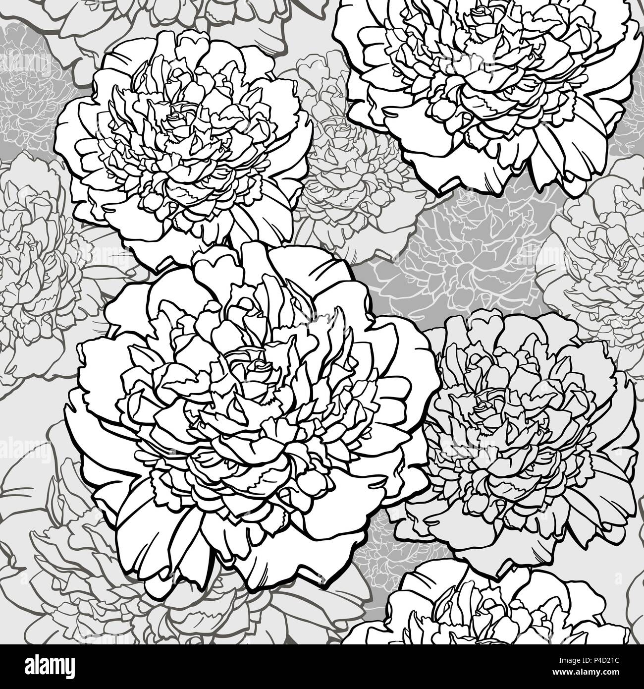 Peonies. T-shirt design. Sketched flower print in monochrome colors - seamless background. Hand-drawn vector illustration. Stock Vector
