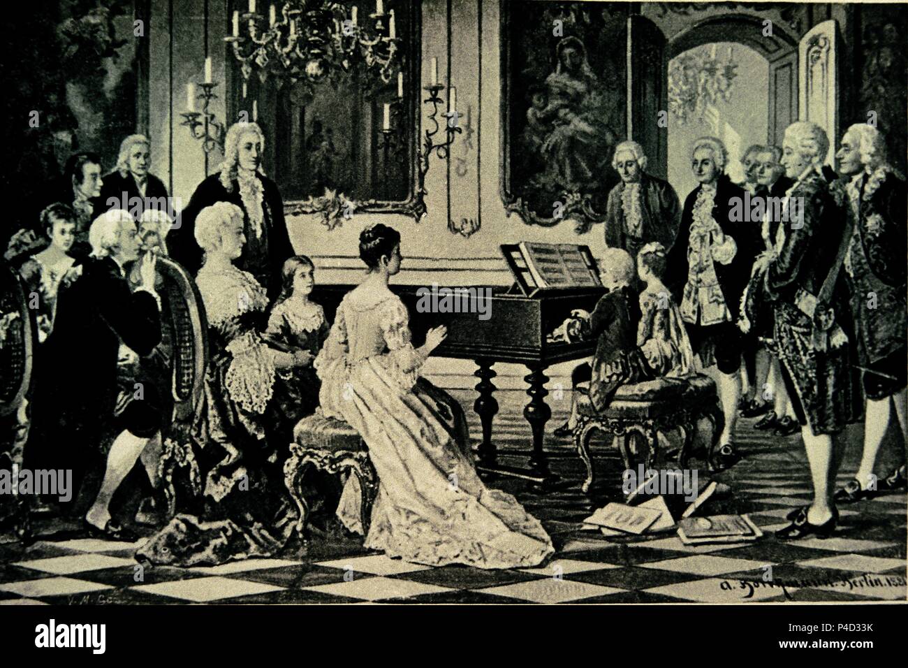 Mozart and his sister playing the piano for the Empress Marie Therese. 18th century. Engraving. Location: NATIONAL LIBRARY, FRANCE. Stock Photo