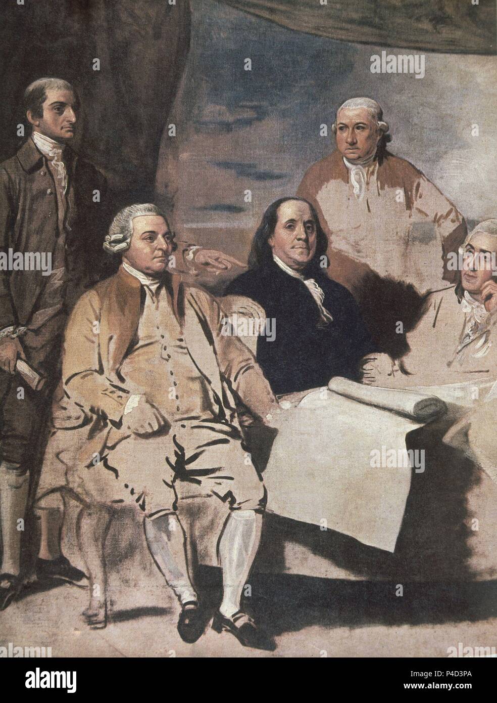 JOHN JAY, JOHN ADAMS, BENJAMIN FRANKLIN, HENRY LAURENS Y WILLIAM TEMPLE FRANKLIN - TRATADO DE PARIS (1783) - SIGLO XVIII. Author: Benjamin West (1738-1820). Stock Photo