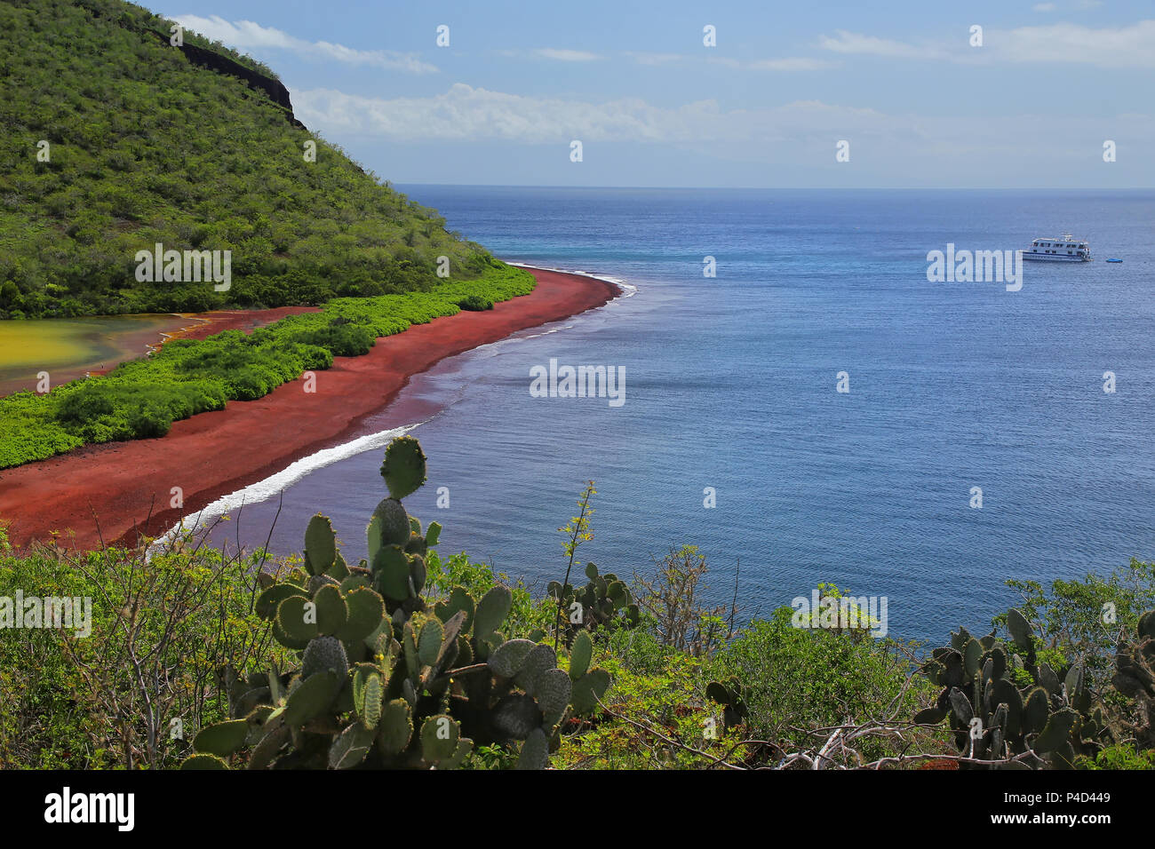 View of red beach and lagoon of Rabida Island, Galapagos National Park ...