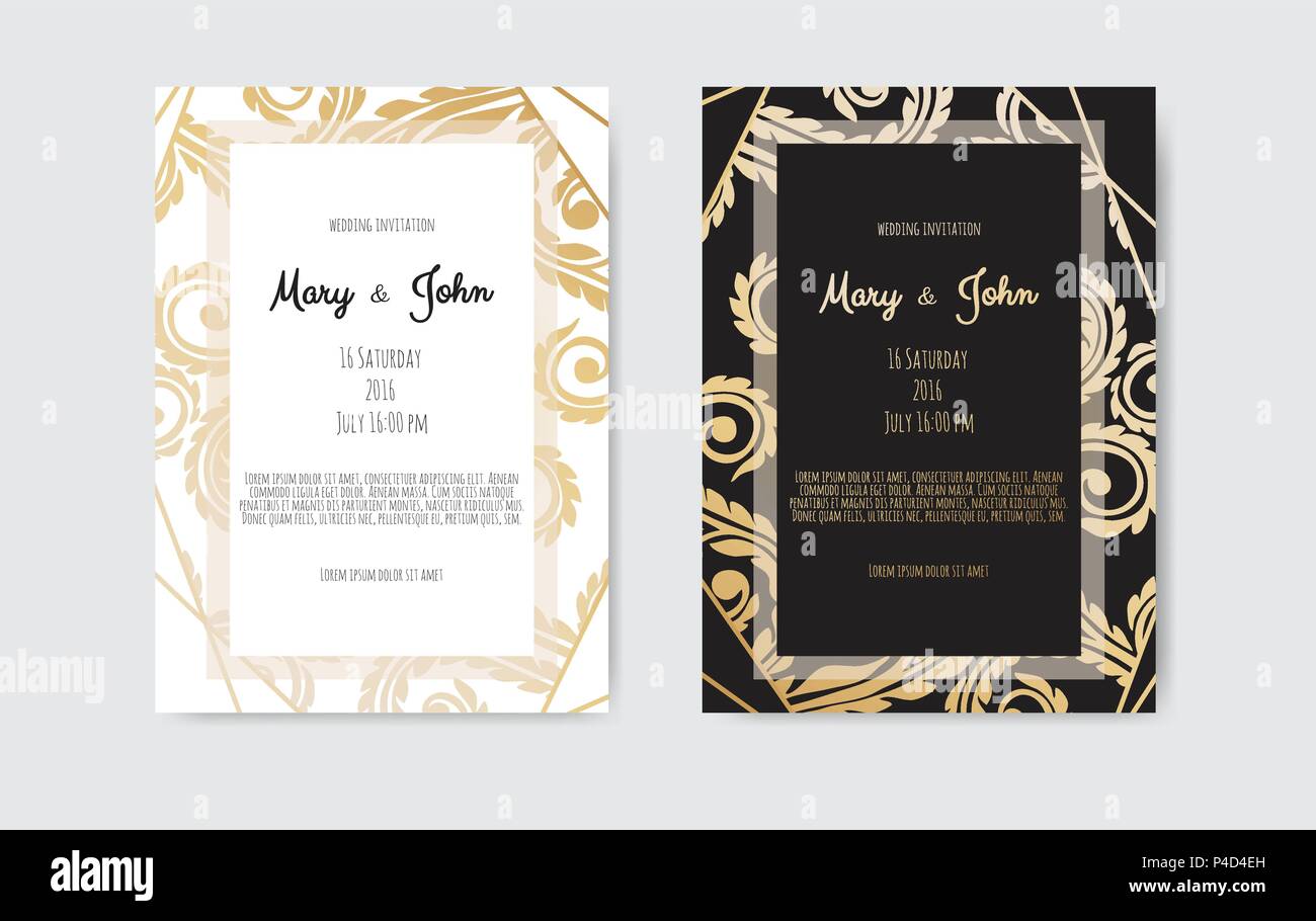 Golden Vector invitation with floral elements. Stock Vector