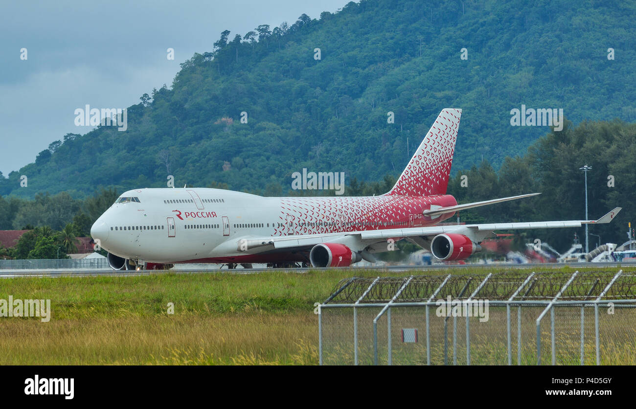 Phuket, Thailand - Apr 25, 2018. A Boeing 747-400 airplane of Rossiya Airlines taxiing on runway in Phuket International Airport (HKT). Stock Photo