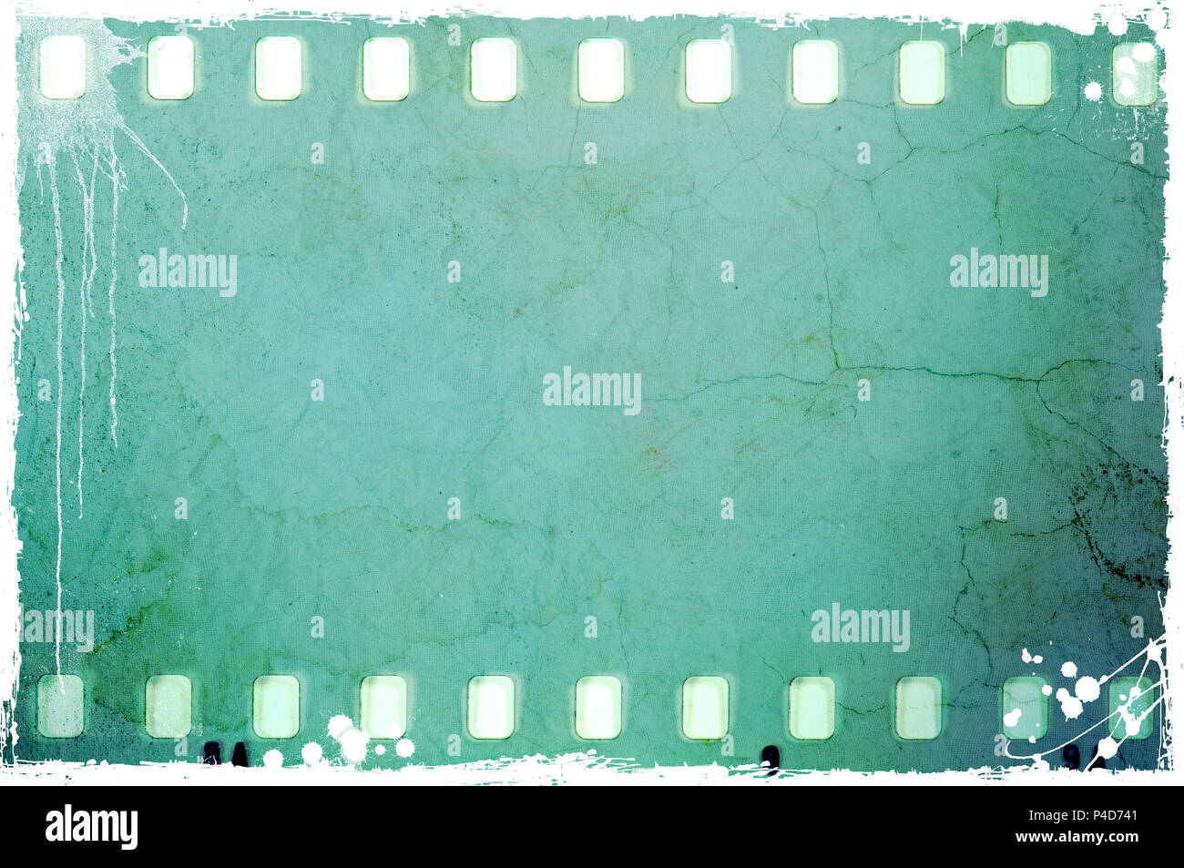 Vintage blue film strip frame on old and damaged paper background