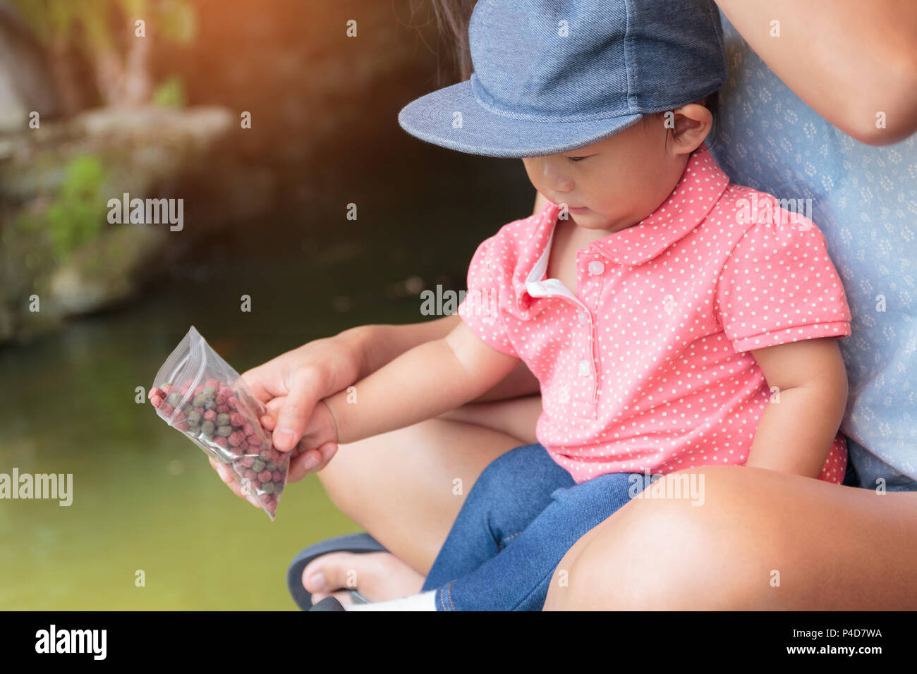 Asian Beautiful Mother Is Take Care Your Cute Baby Feeding Fish In