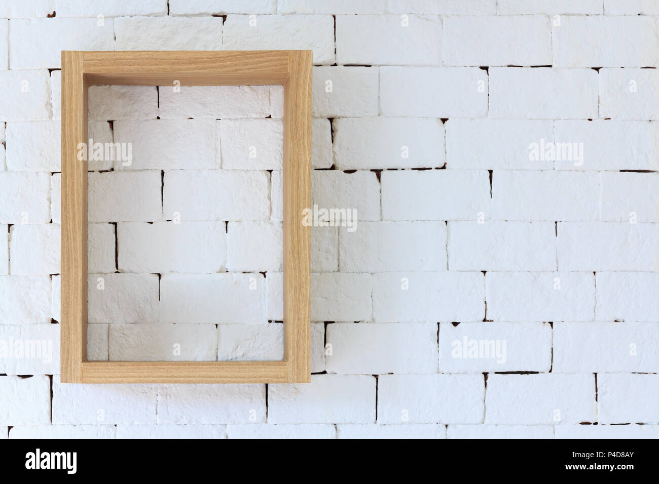 Brown Wood Frame On White Brick Background Vintage Furniture Wooden Frame Hanging On White Brick Wall Texture Stock Photo Alamy