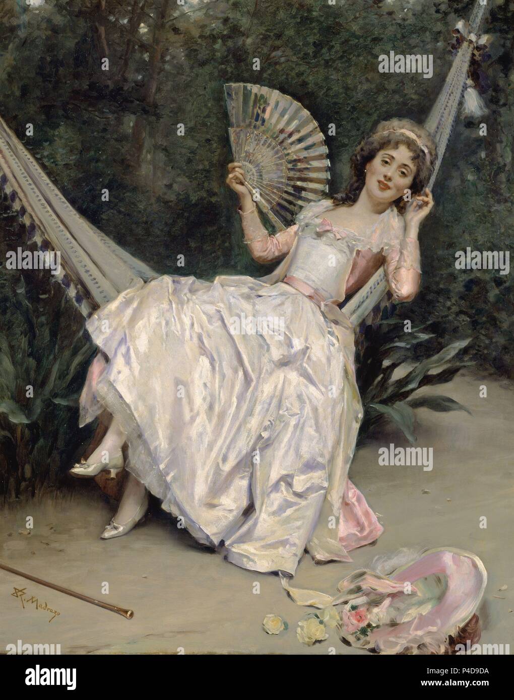 'Girl in the Hammock', 19th century, Oil on canvas, 101 x 81 cm. Author: Raimundo de Madrazo y Garreta (1841-1920). Location: MUSEO NACIONAL DE BELLAS ARTES, LA HABANA, CUBA. Stock Photo